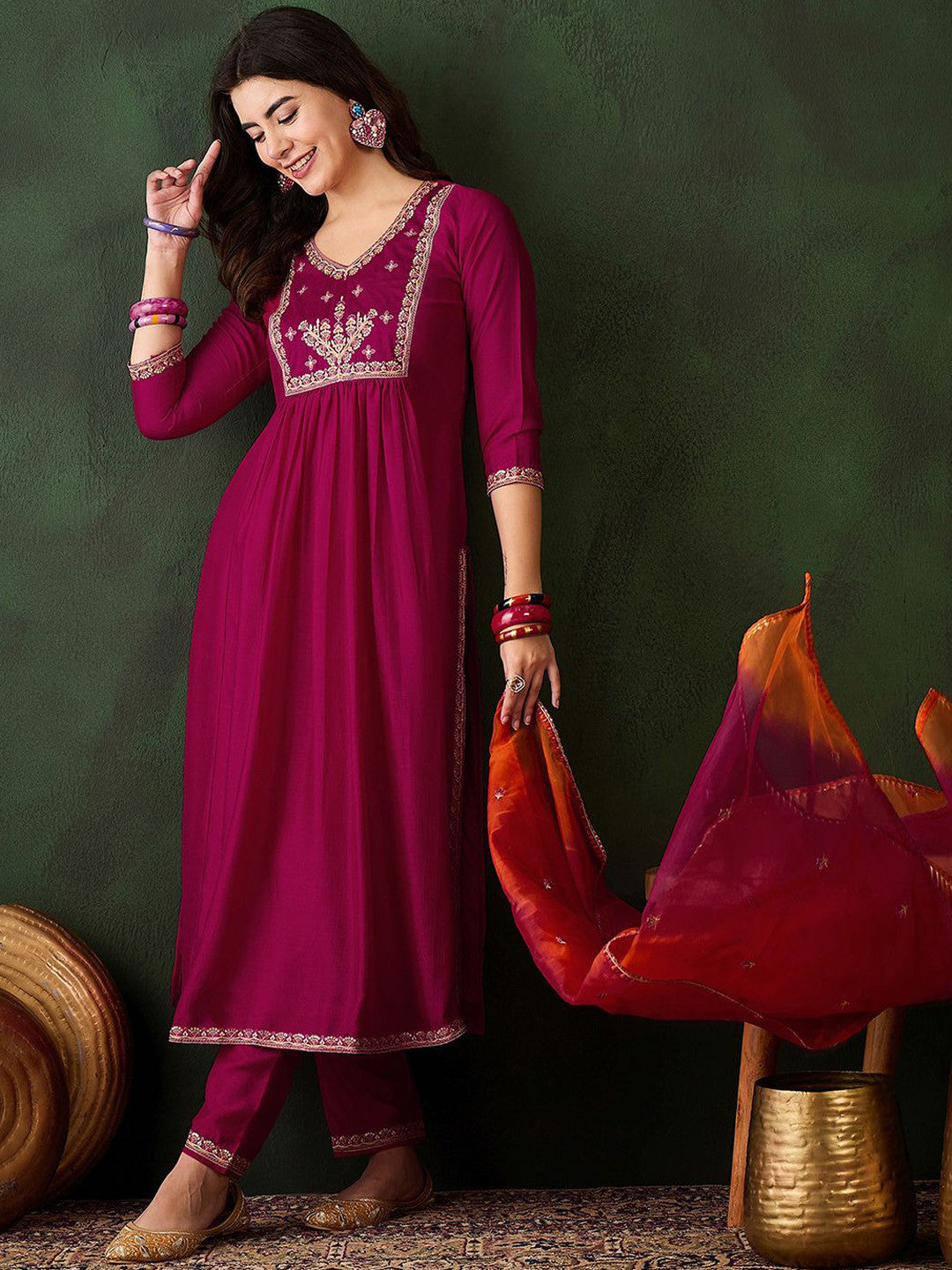 Floral Embroidered Zari A Line Kurta With Trousers