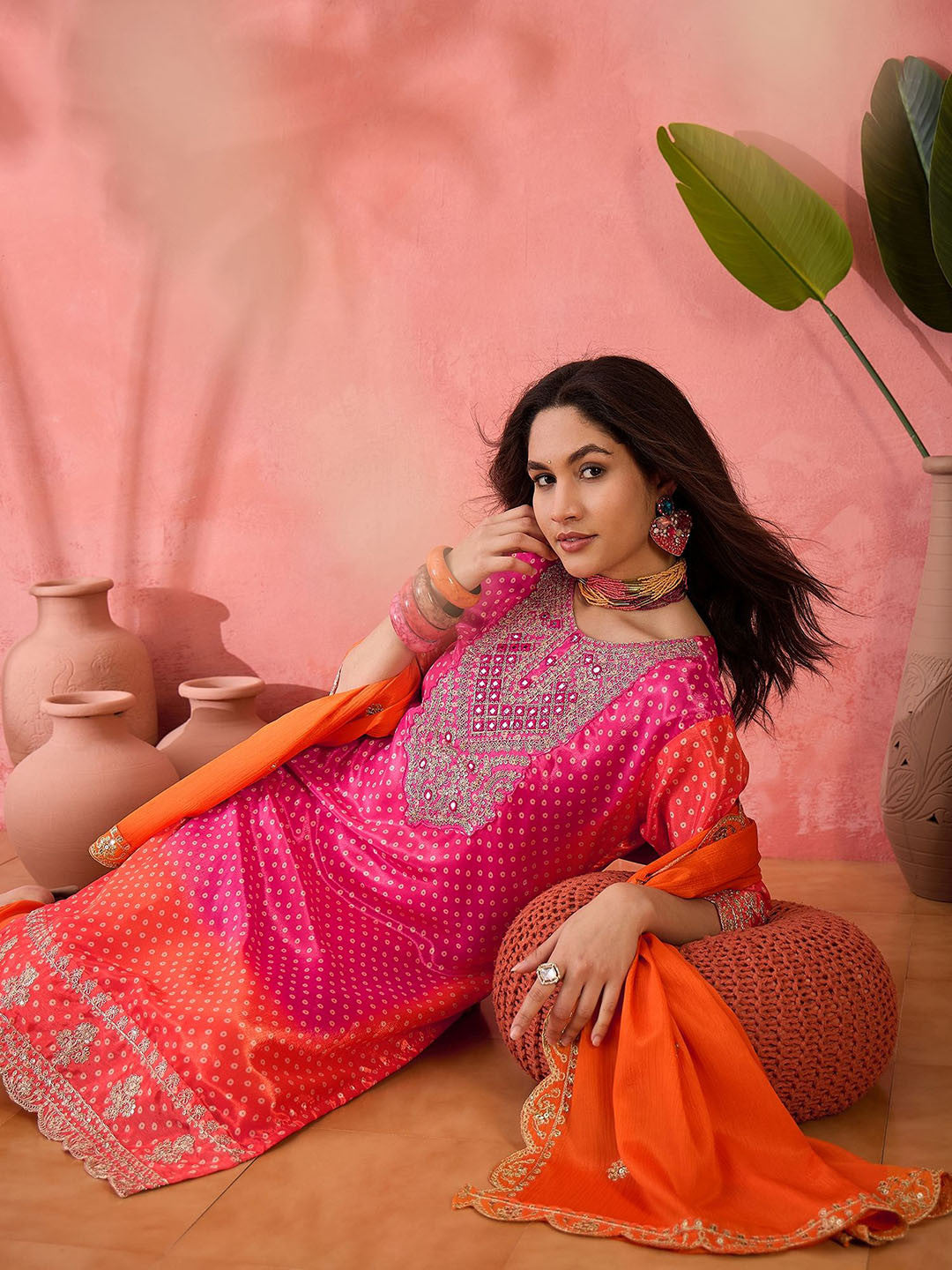 Bandhani Embroidered Round Neck Straight Kurta With Trousers & Dupatta