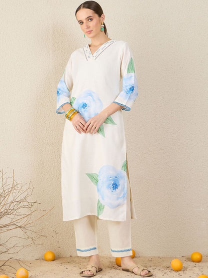 Women Floral Printed Regular Sequinned Linen Kurta with Trousers & Dupatta