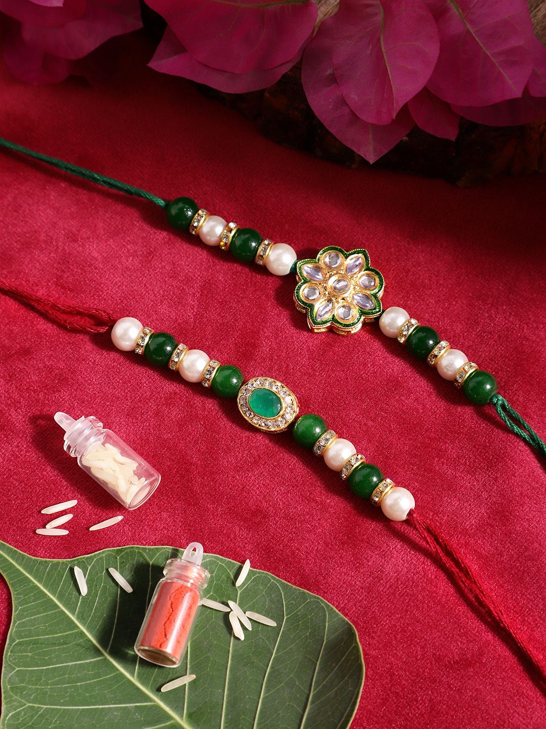 Dhiyona Unisex Set of 2 Beaded Bhai Bhabhi Rakhis With Roli & Chawal