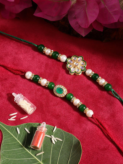 Dhiyona Unisex Set of 2 Beaded Bhai Bhabhi Rakhis With Roli & Chawal