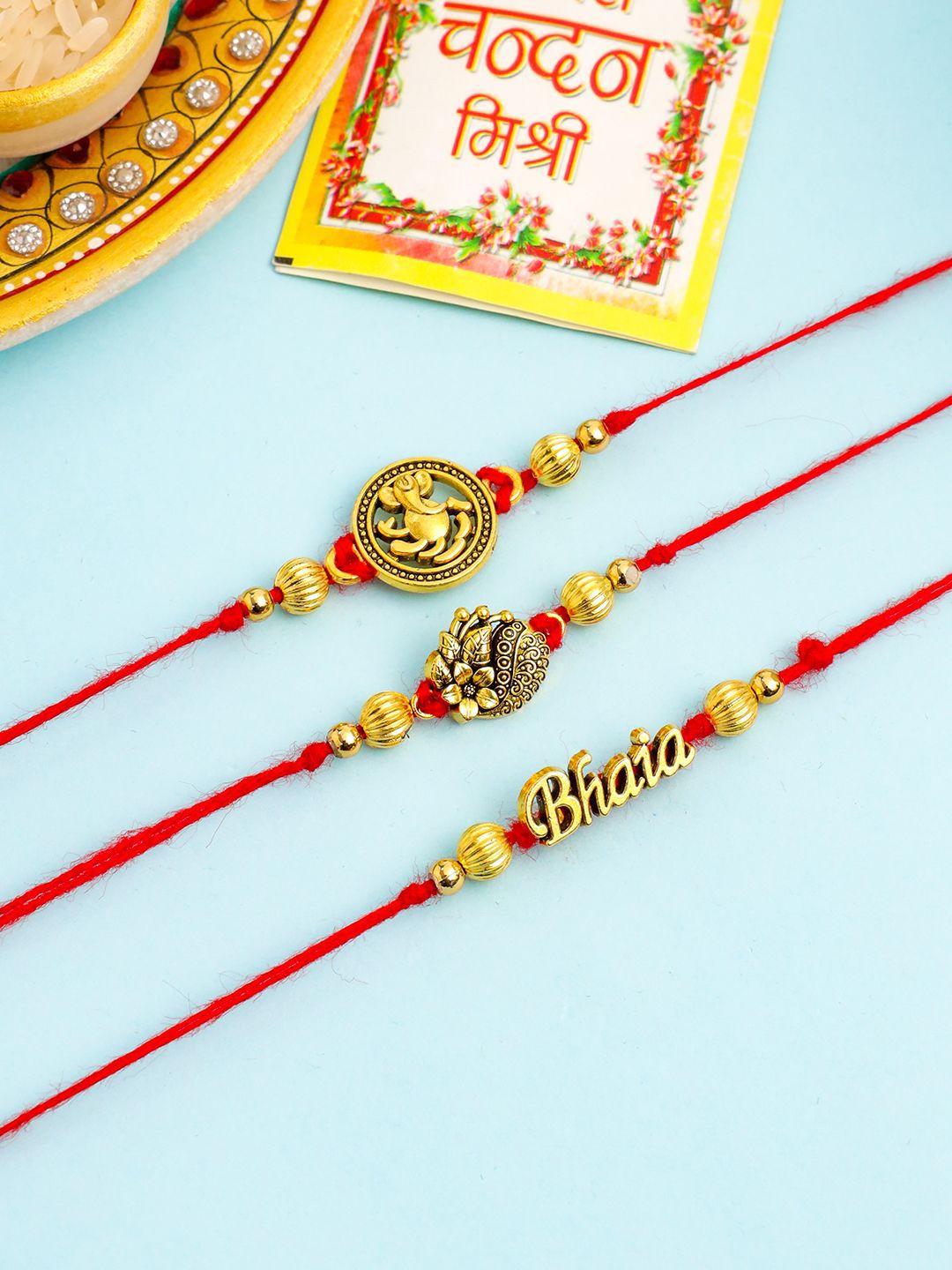 Dhiyona Pack Of 3 Thread Rakhi with Roli Chawal Chandan & Mishri