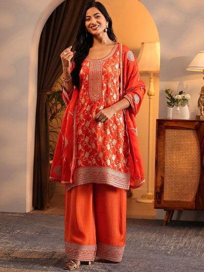 Dhiyona LL Floral Woven Design Round Neck Straight Kurta With Palazzo & Dupatta
