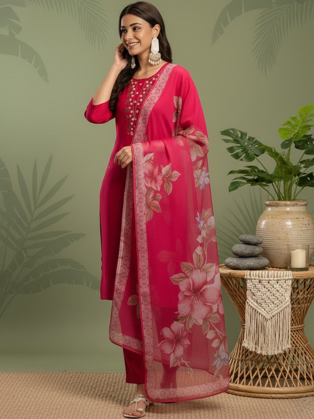 Embroidered Round Neck Kurta & Trousers With Dupatta