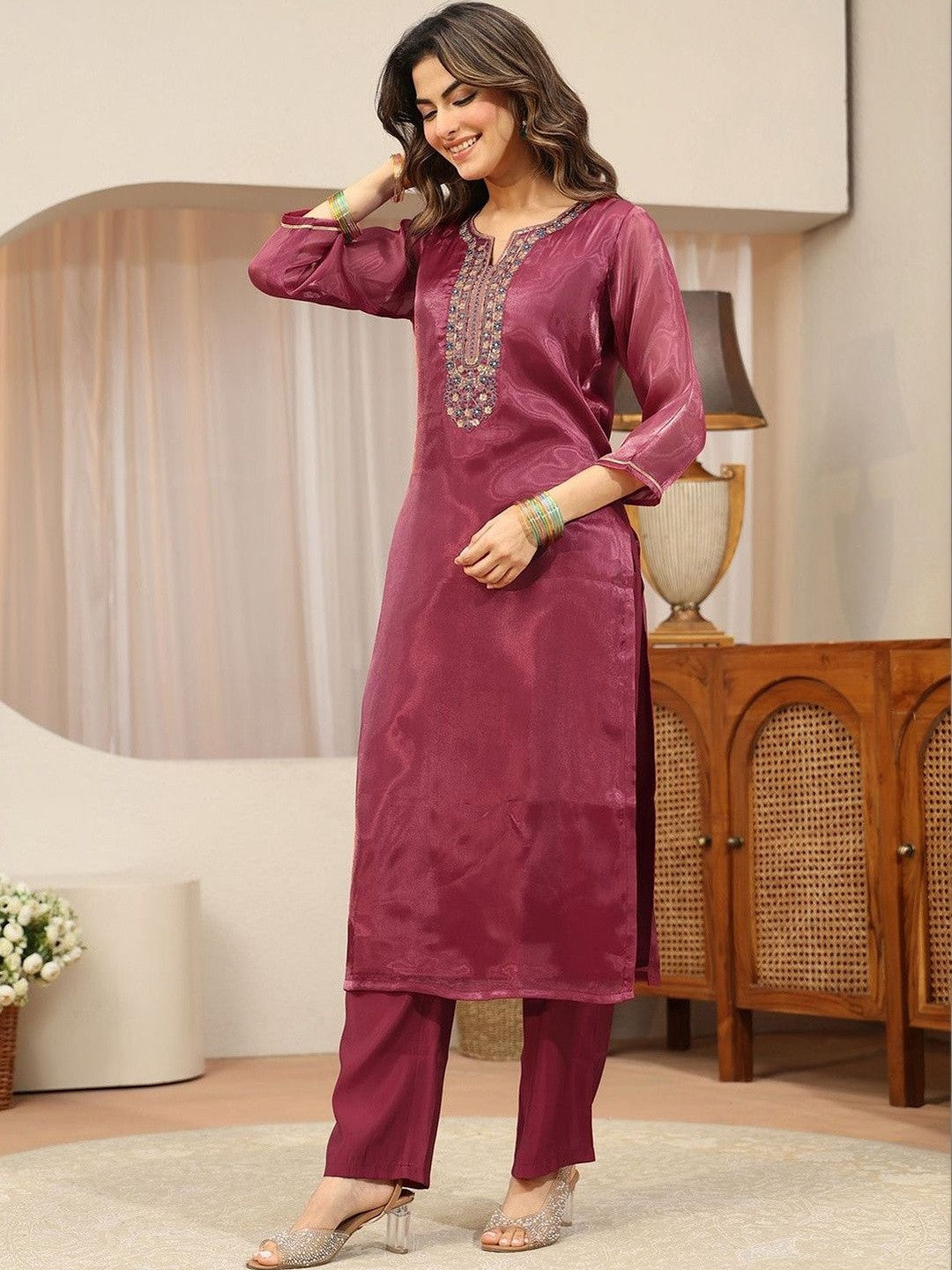 Libas Maroon Yoke Design Tissue Straight Suit Set