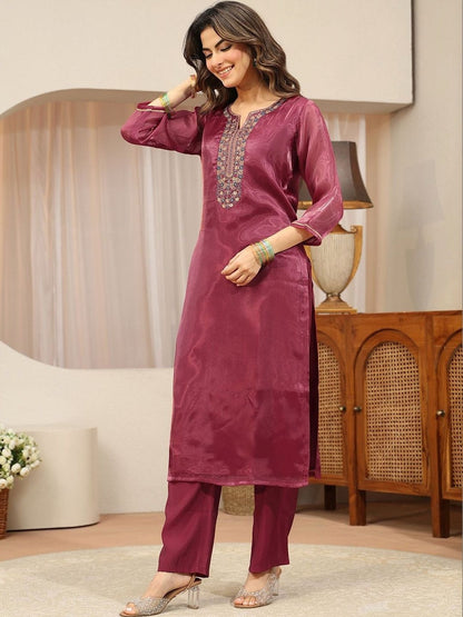 Libas Maroon Yoke Design Tissue Straight Suit Set