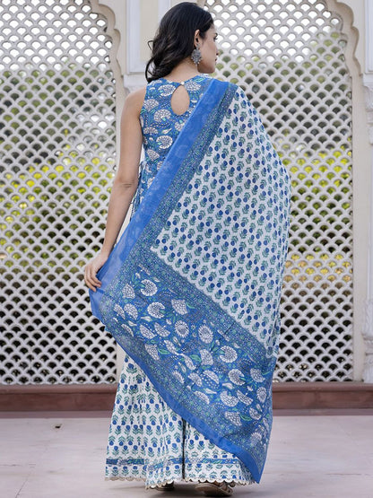 Dhiyona KL Floral Printed Anarkali Pure Cotton Kurta With Palazzos & Dupatta