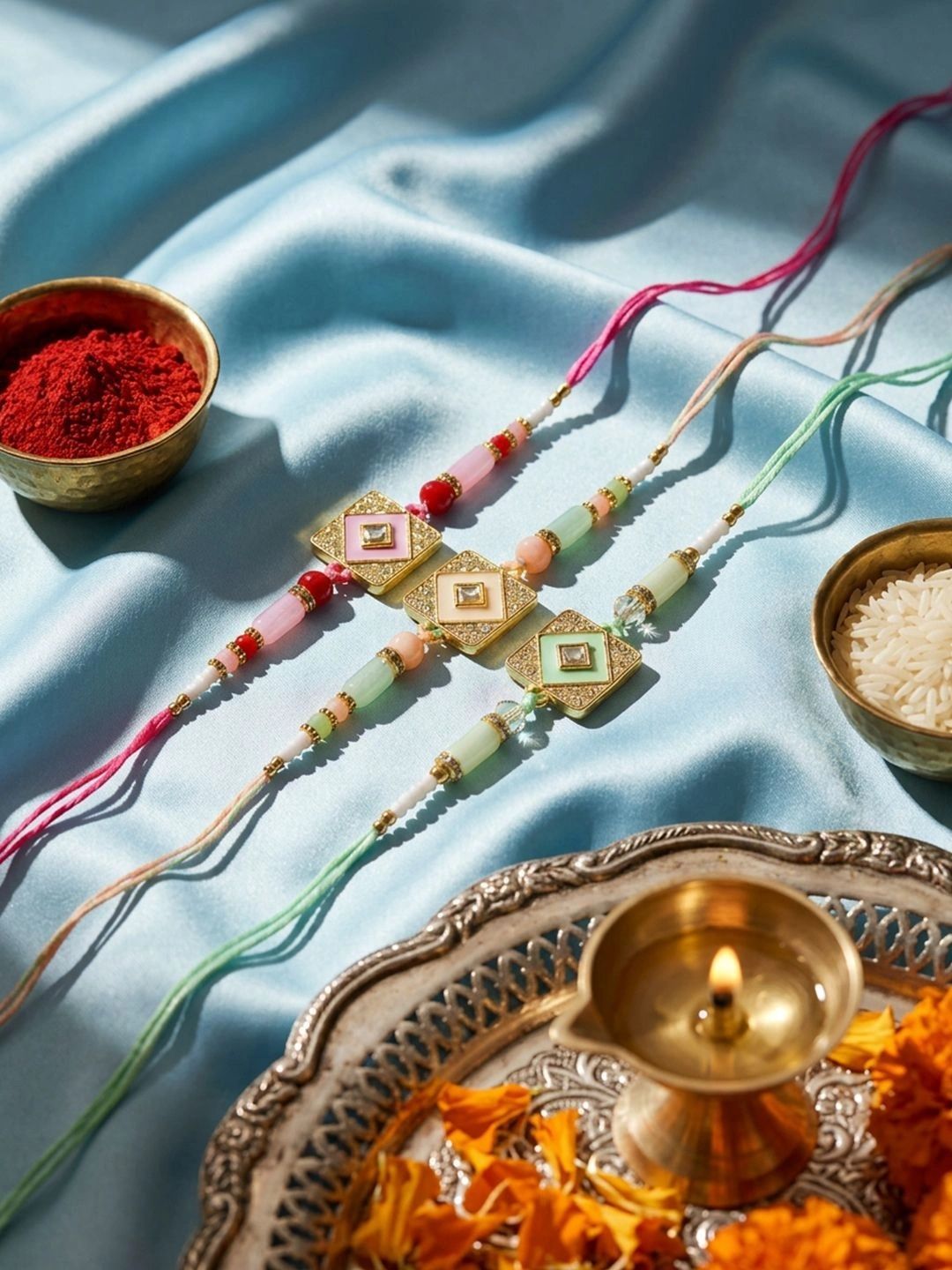Dhiyona Set Of 3 Multicolor Ad Thread Rakhi With Roli Chawal Chandan Mishri