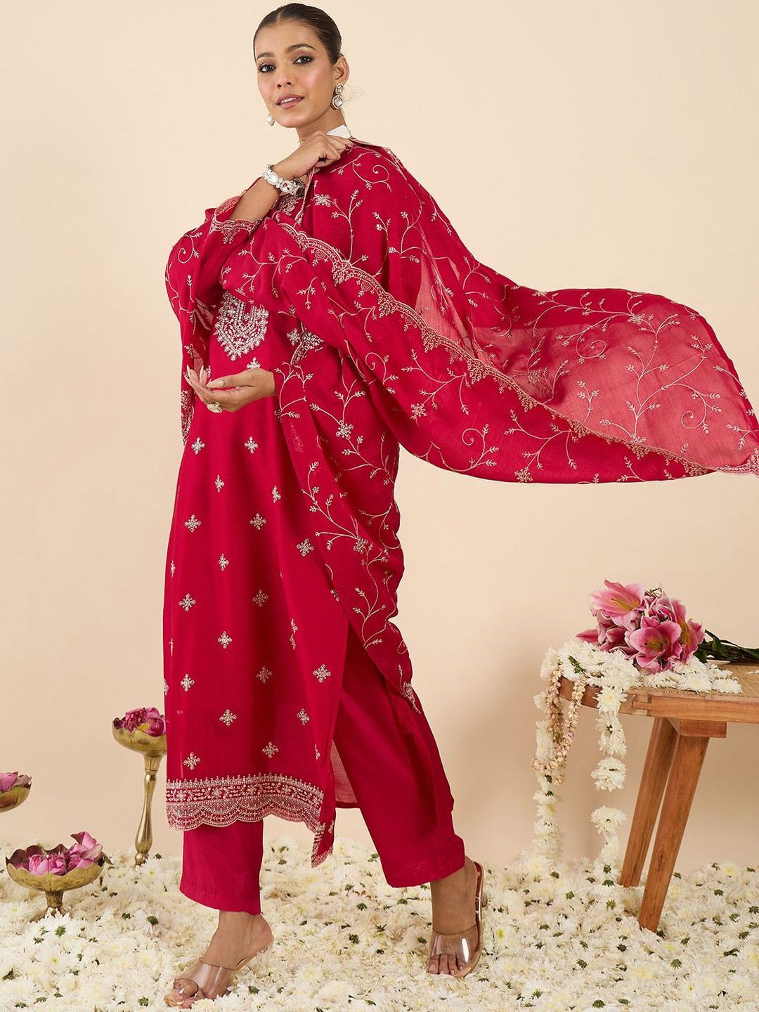 Women Ethnic Motifs Embroidered Regular Thread Work Kurta with Trousers & With Dupatta