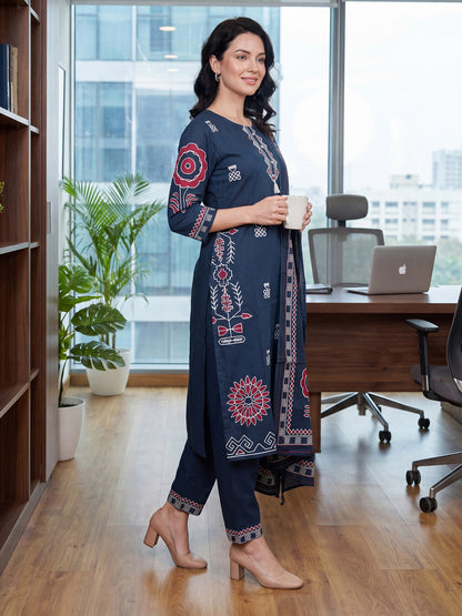 Women Ethnic Motifs Printed Regular Thread Work Pure Cotton Kurta with Trousers & With Dupatta