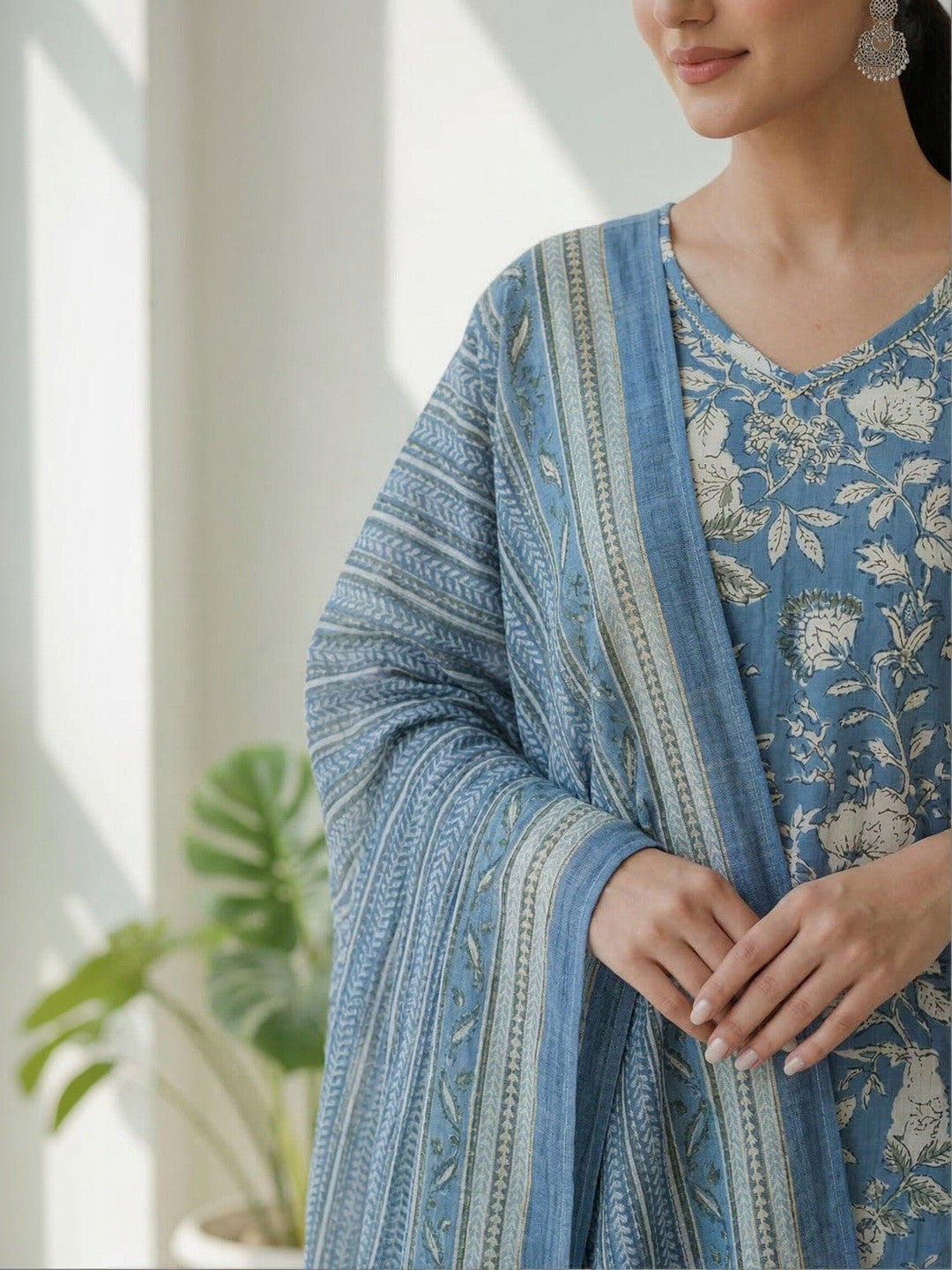 Printed Pure Cotton Round Neck Kurta & Trousers With Dupatta
