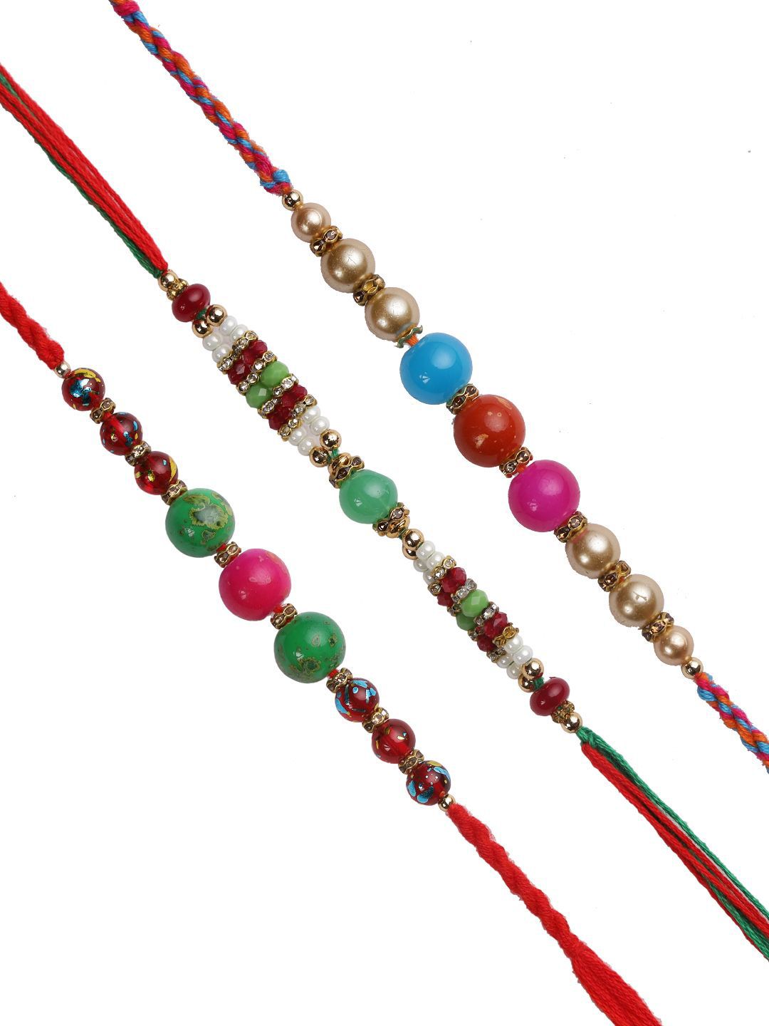 Dhiyona Red Set Of 3 Stone Studded & Beaded Thread Rakhi With Roli Chawal & Greeting Card
