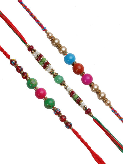 Dhiyona Red Set Of 3 Stone Studded & Beaded Thread Rakhi With Roli Chawal & Greeting Card