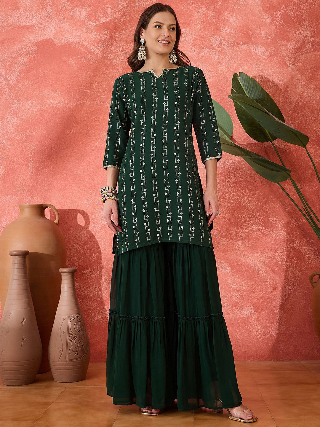 Women Sequinned Embroidered Round Neck Kurta, Sharara With Dupatta