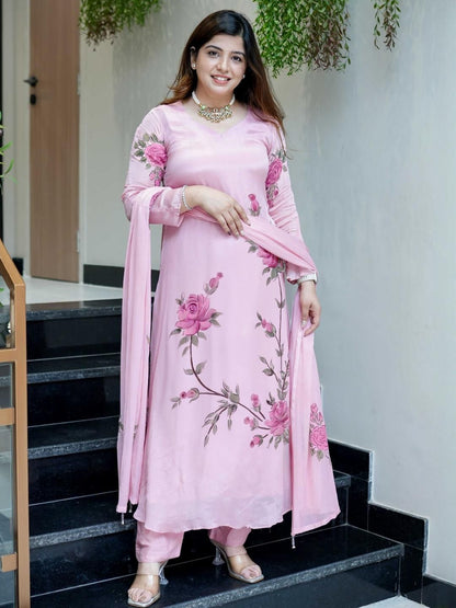 Dhiyona KL Women Pink Silk Chiffon Printed Kurta Sets