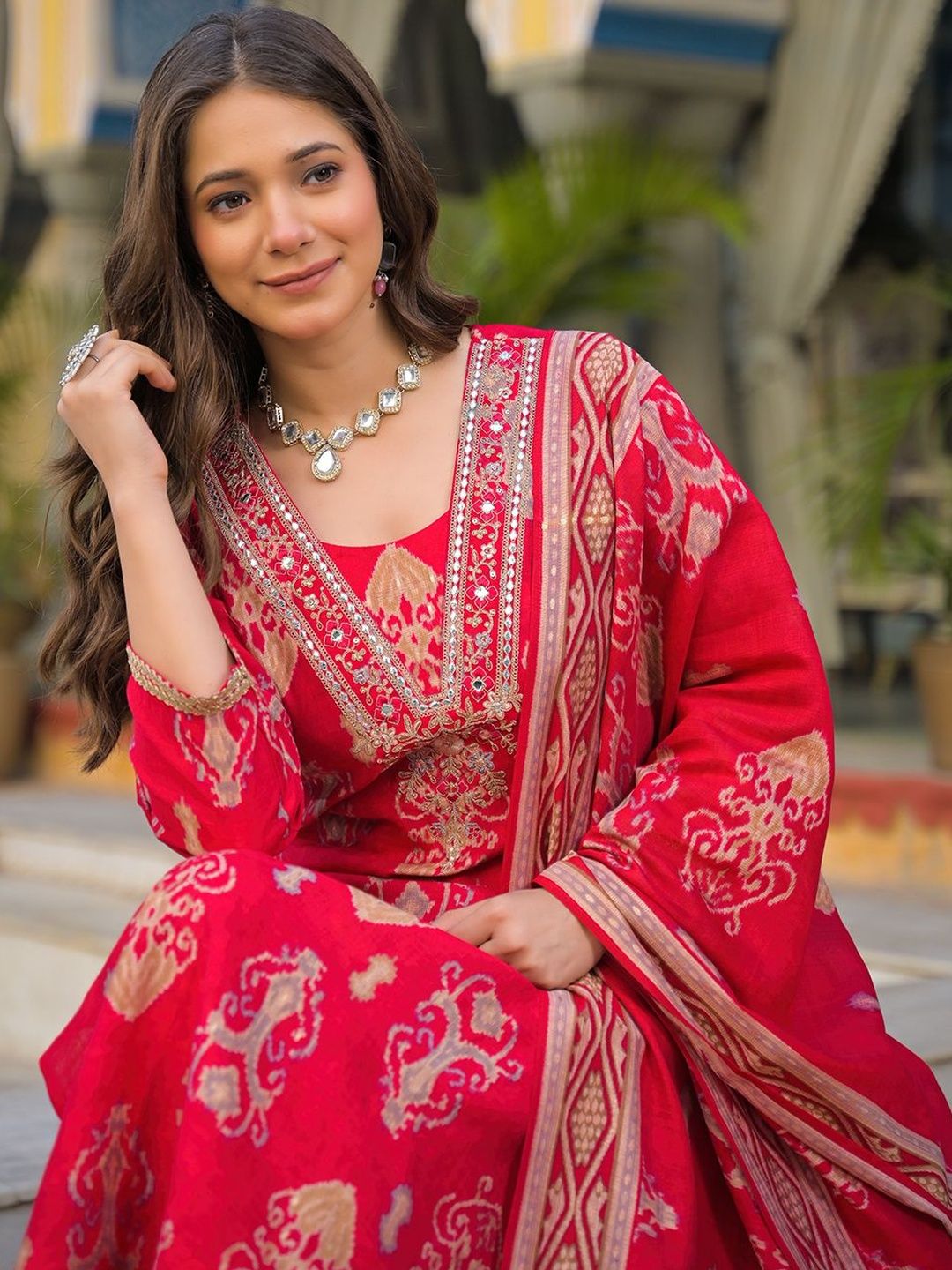 Dhiyona KL Women Ethnic Motifs Printed Regular Mirror Work Kurta with Trousers & With Dupatta
