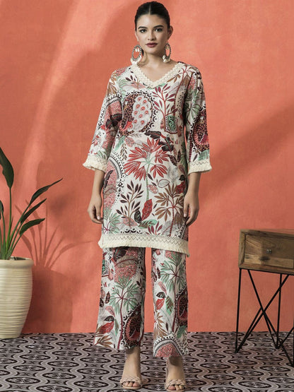 Embroidered Pure Cotton V-Neck Kurta & Palazzos