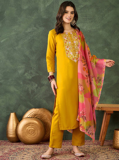 Dhiyona KL Floral Embroidered Straight Kurta With Trousers & Dupatta