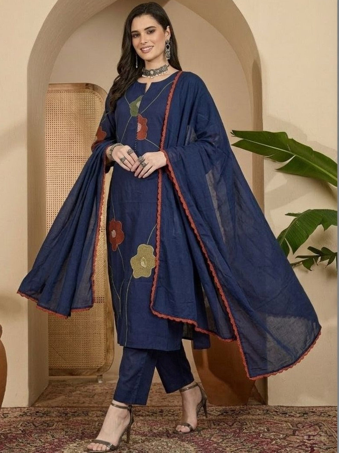 Embroidered Cotton Round Neck Kurta & Trousers With Dupatta