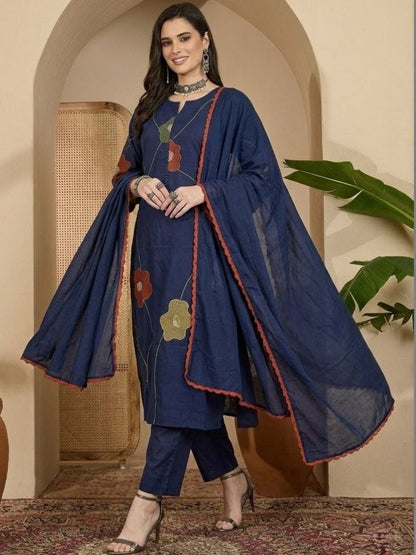 Embroidered Cotton Round Neck Kurta & Trousers With Dupatta
