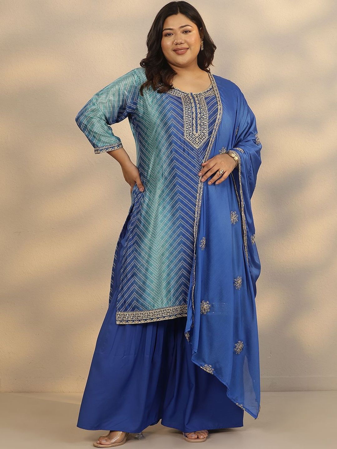 Dhiyona Women's Plus Size Geometric Printed Straight Kurta With Sharara & Dupatta