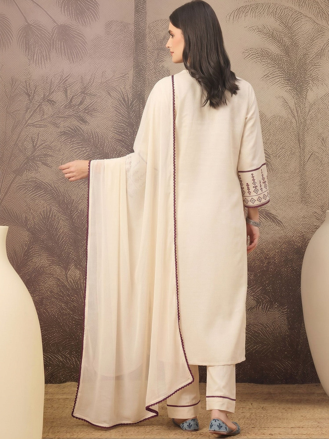 Women Ethnic Motifs Embroidered Regular Pure Cotton Kurta with Trousers & With Dupatta