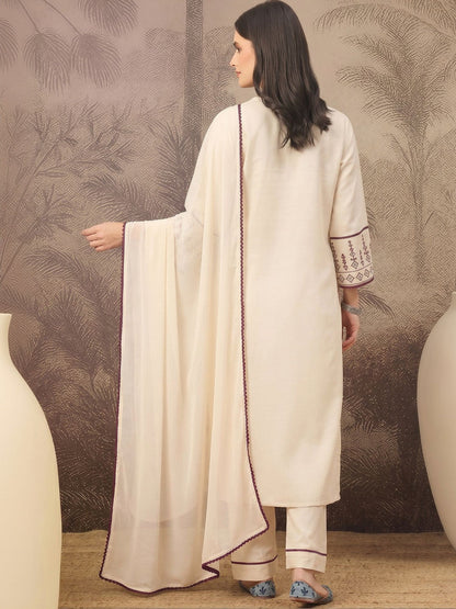 Women Ethnic Motifs Embroidered Regular Pure Cotton Kurta with Trousers & With Dupatta