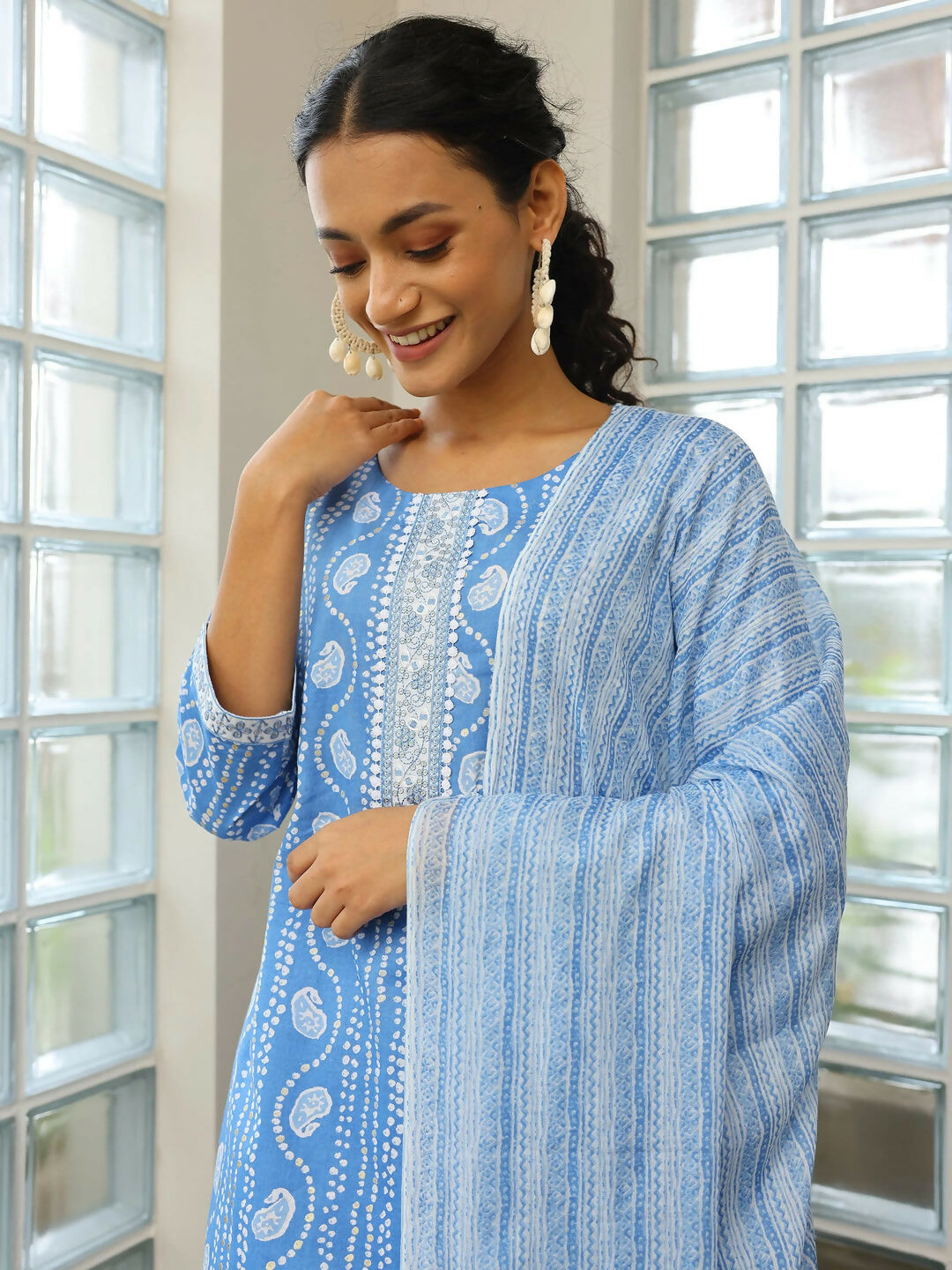 Women's LB Blue Printed Cotton Straight Suit With Dupatta