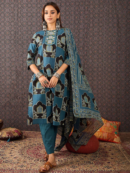 Women Ethnic Motifs Printed Regular Pure Cotton Kurta Set With Dupatta