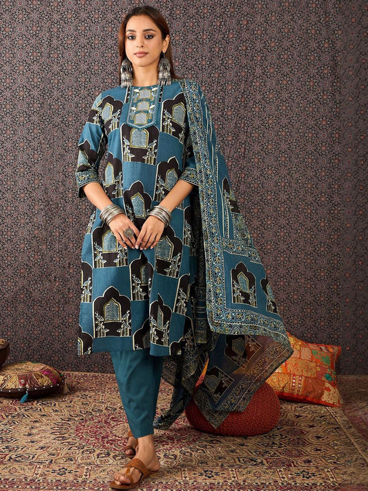 Women Ethnic Motifs Printed Regular Pure Cotton Kurta Set With Dupatta