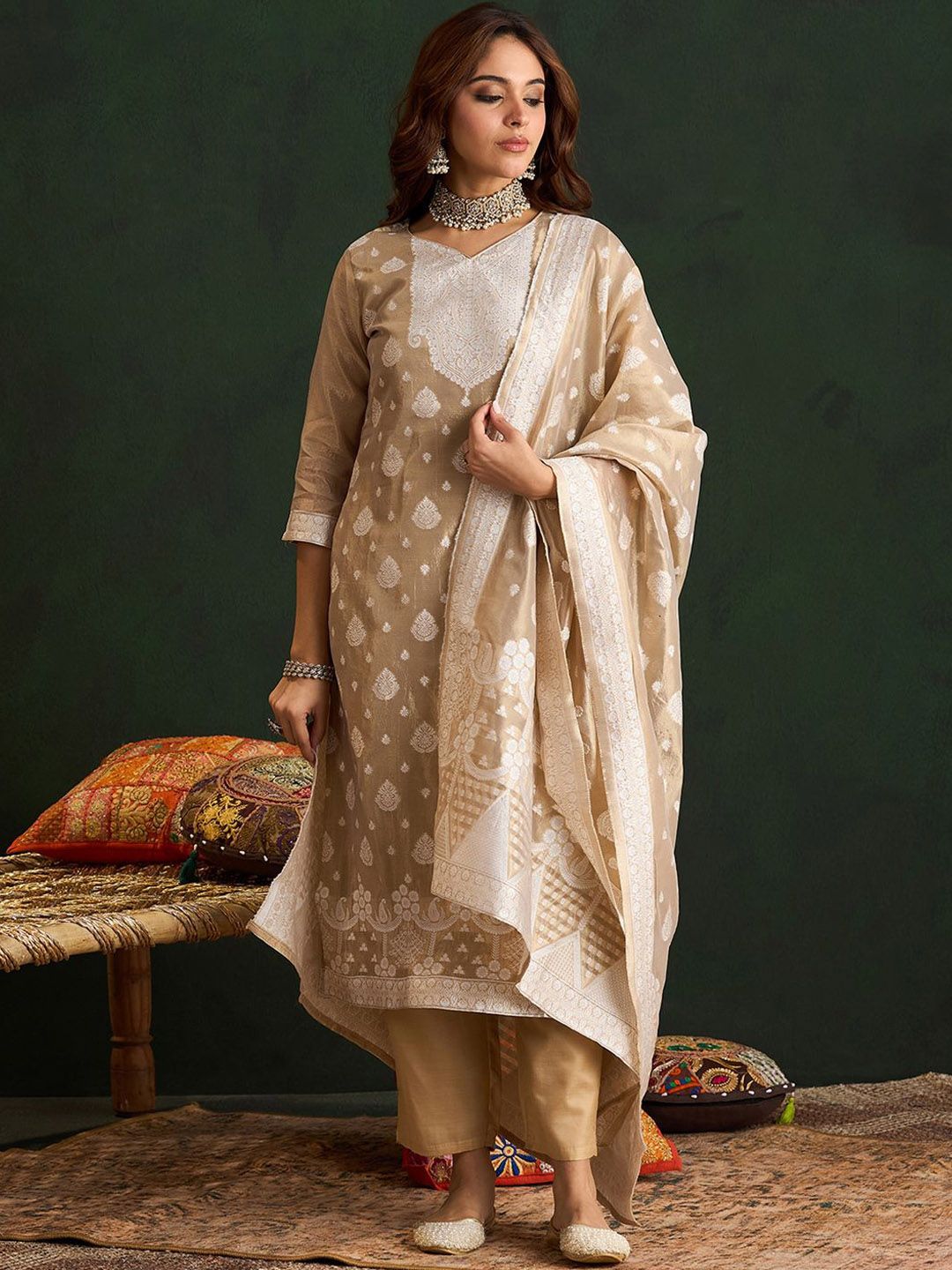 Dhiyona IE Ethnic Motifs Woven Design Straight Kurta With Trousers & Dupatta