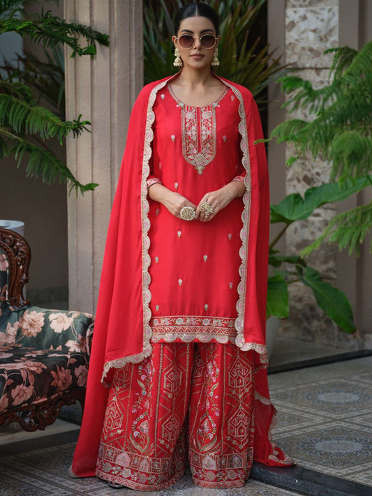 Dhiyona HOP Women Ethnic Motifs Embroidered Straight Kurta & Sharara With Dupatta