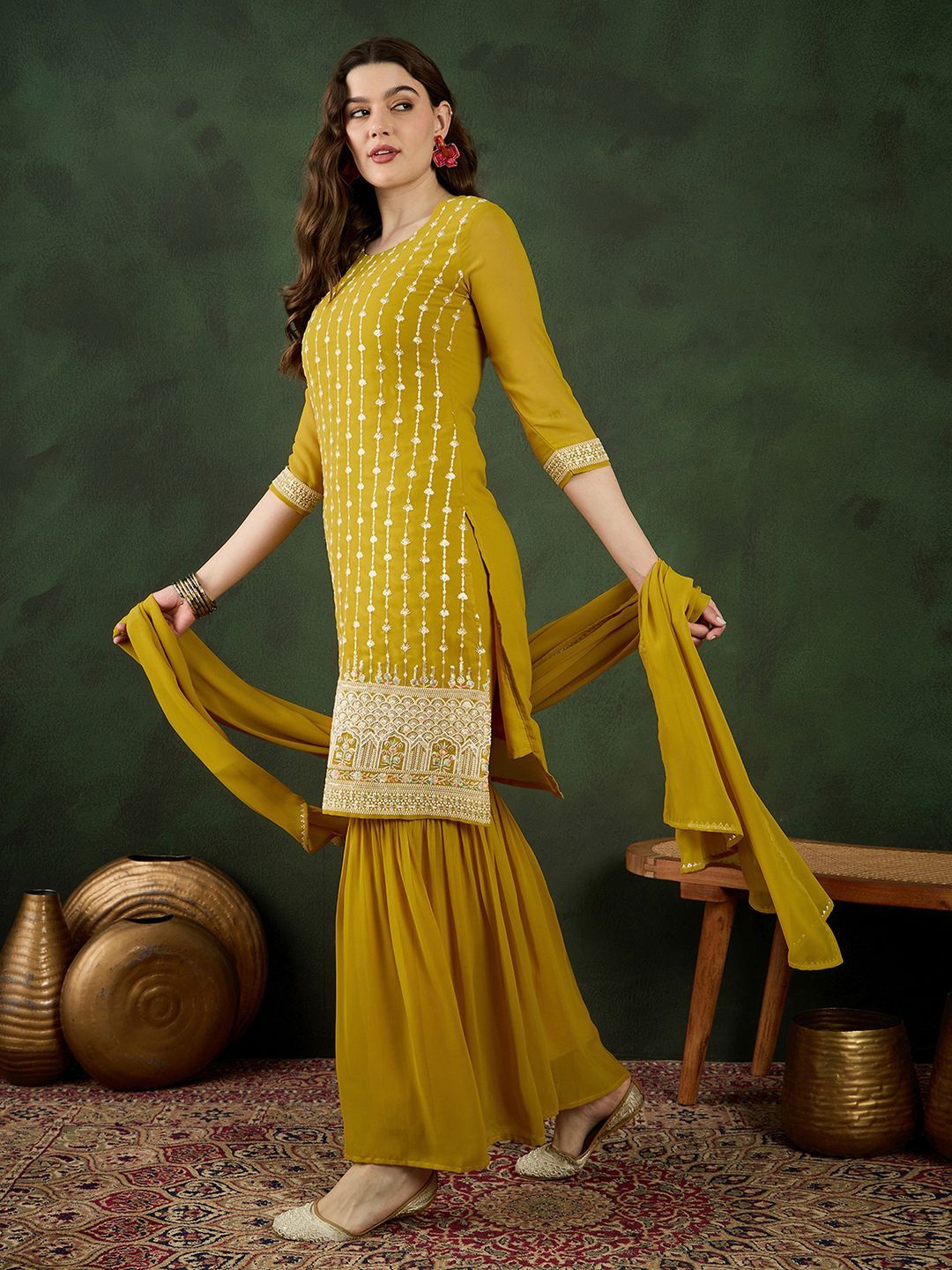 Dhiyona SN Embroidered Kurta With Sharara & Dupatta