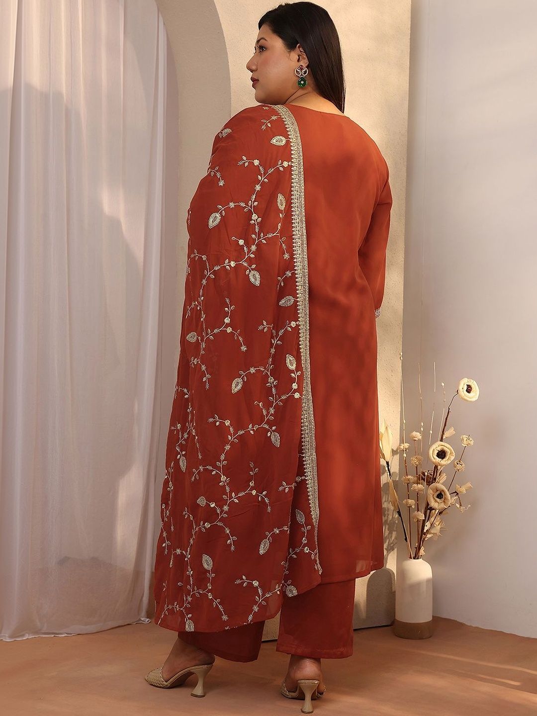 Dhiyona Women's Plus Size Ethnic Motifs Embroidered Kurta with Trouser & Dupatta