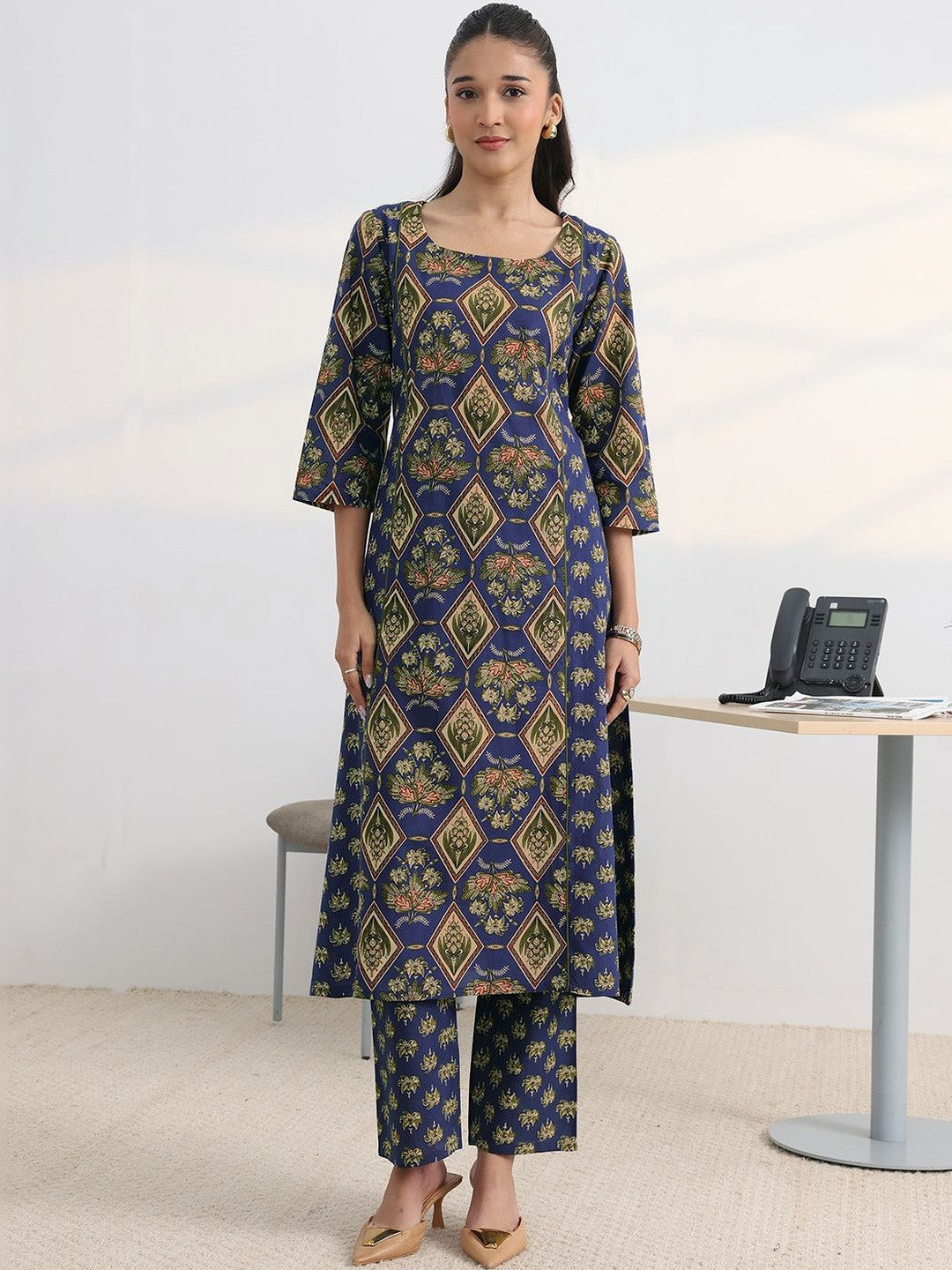Libas Blue Floral Printed Cotton Blend A-Line Kurta Set