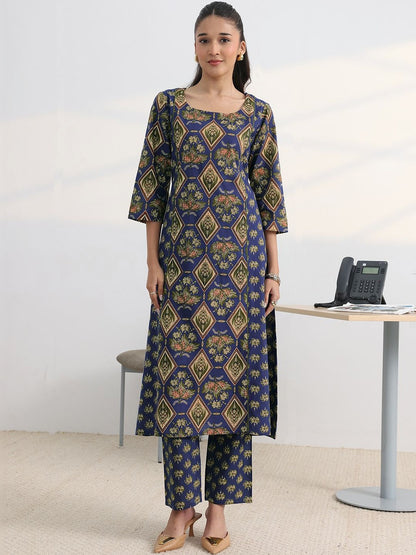 Libas Blue Floral Printed Cotton Blend A-Line Kurta Set