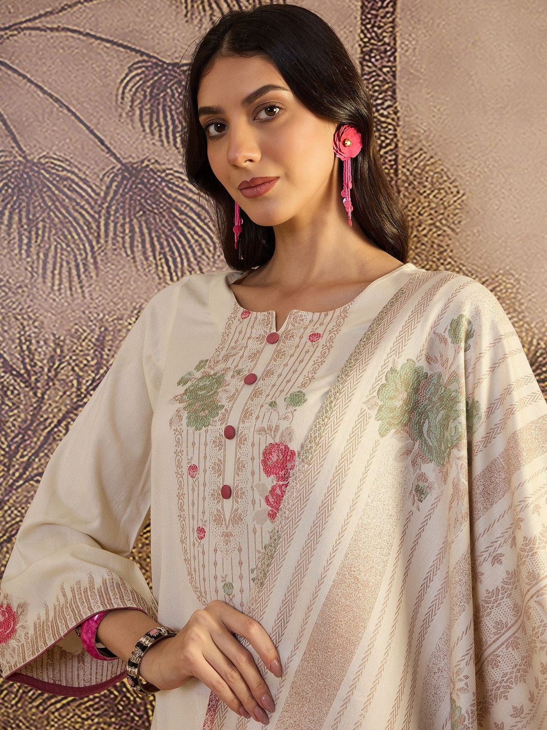 Yoke Design Round Neck Straight Kurta With Trousers & Dupatta