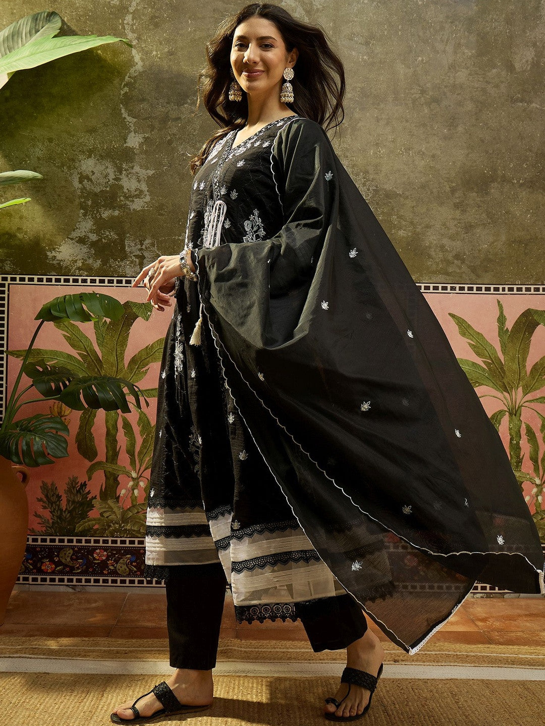 Embroidered Pure Cotton V-Neck Kurti & Trousers