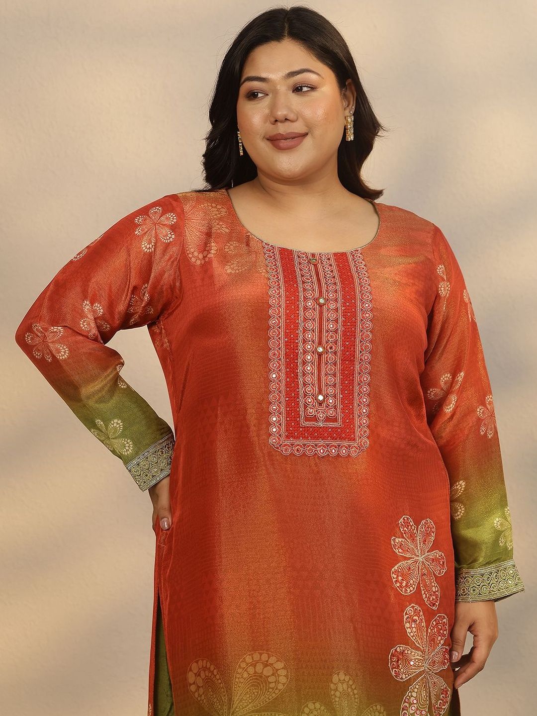 Dhiyona Women's Plus Size Printed Mirror Work Silk Crepe Kurta with Trousers & Dupatta