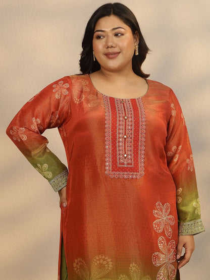 Dhiyona Women's Plus Size Printed Mirror Work Silk Crepe Kurta with Trousers & Dupatta
