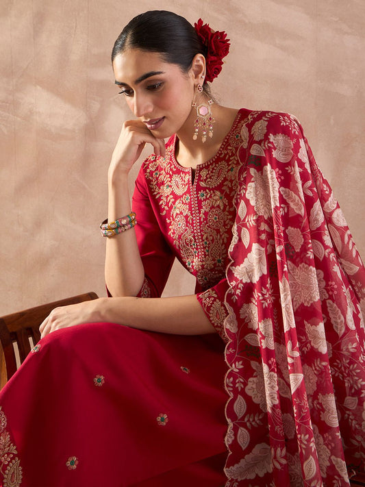 Ethnic Motifs Embroidered Notch Neck Thread Work Kurta With Trousers & Dupatta