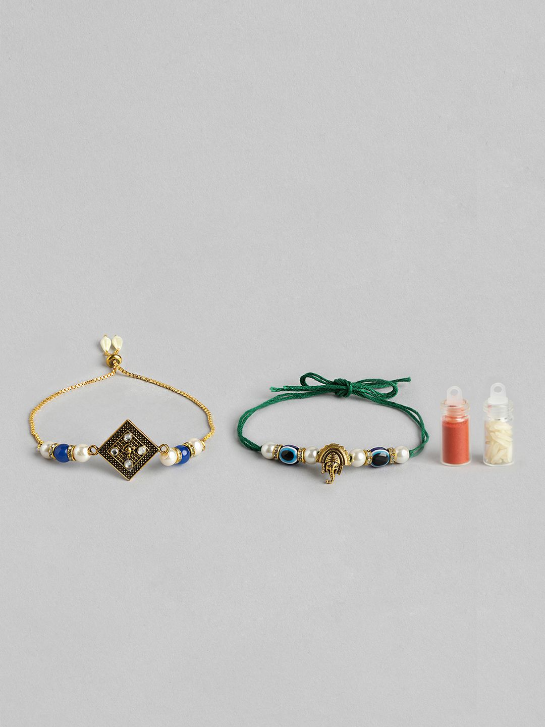 Dhiyona Unisex Set of 2 Beaded Bhai Bhabhi Rakhis With Roli & Chawal