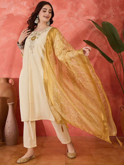 Embroidered Straight Kurta With Trouser & Dupatta Set