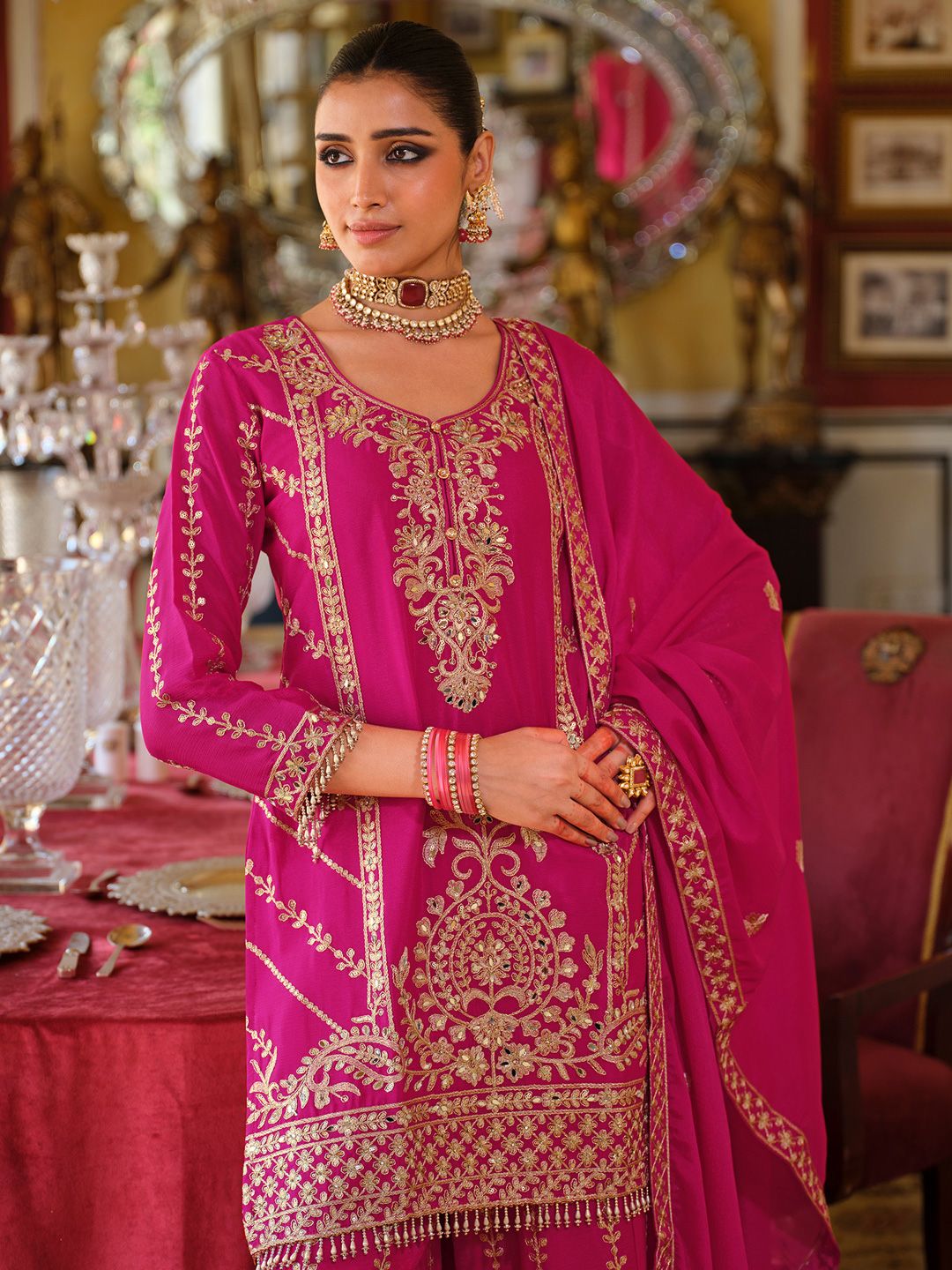 Dhiyona IE Women Ethnic Motifs Embroidered Regular Mirror Work Kurta & Palazzos With Dupatta