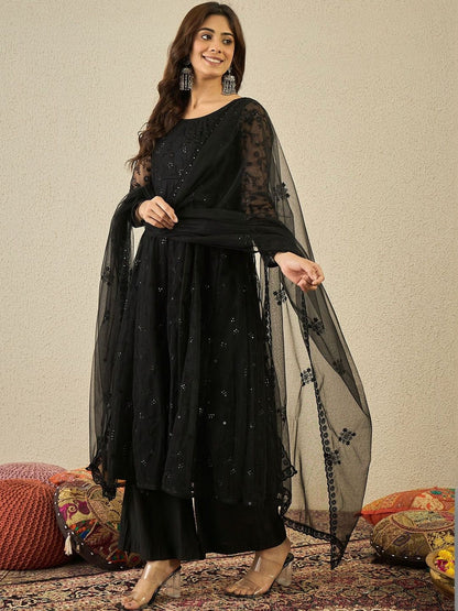 Dhiyona IN Women Ethnic Motifs Embroidered Tiered Sequinned Kurta with Palazzos & With Dupatta