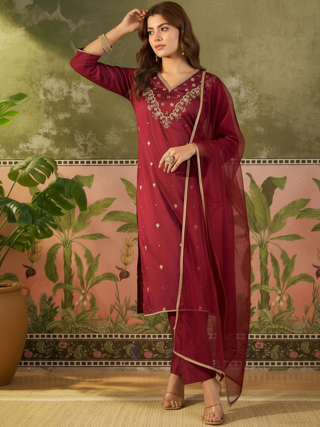 Embroidered Round Neck Kurta & Trousers With Dupatta