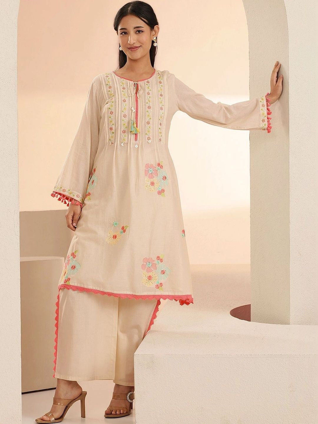 Off White Floral Embroidered Cotton A-Line Kurta Set