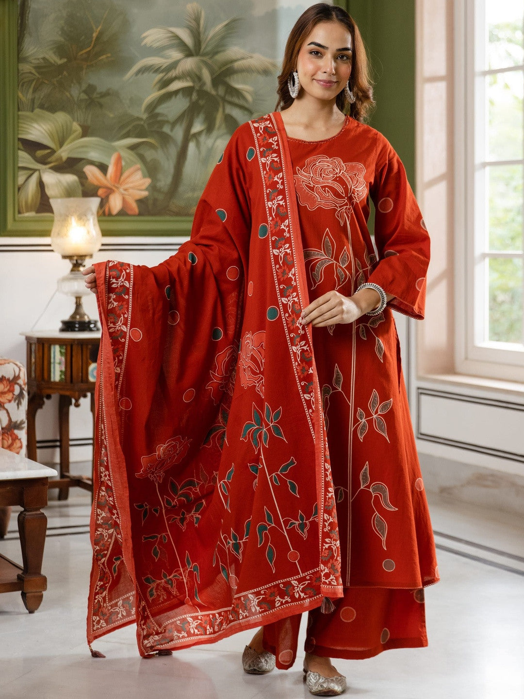 Printed Pure Cotton Straight Kurta With Palazzo & Dupatta