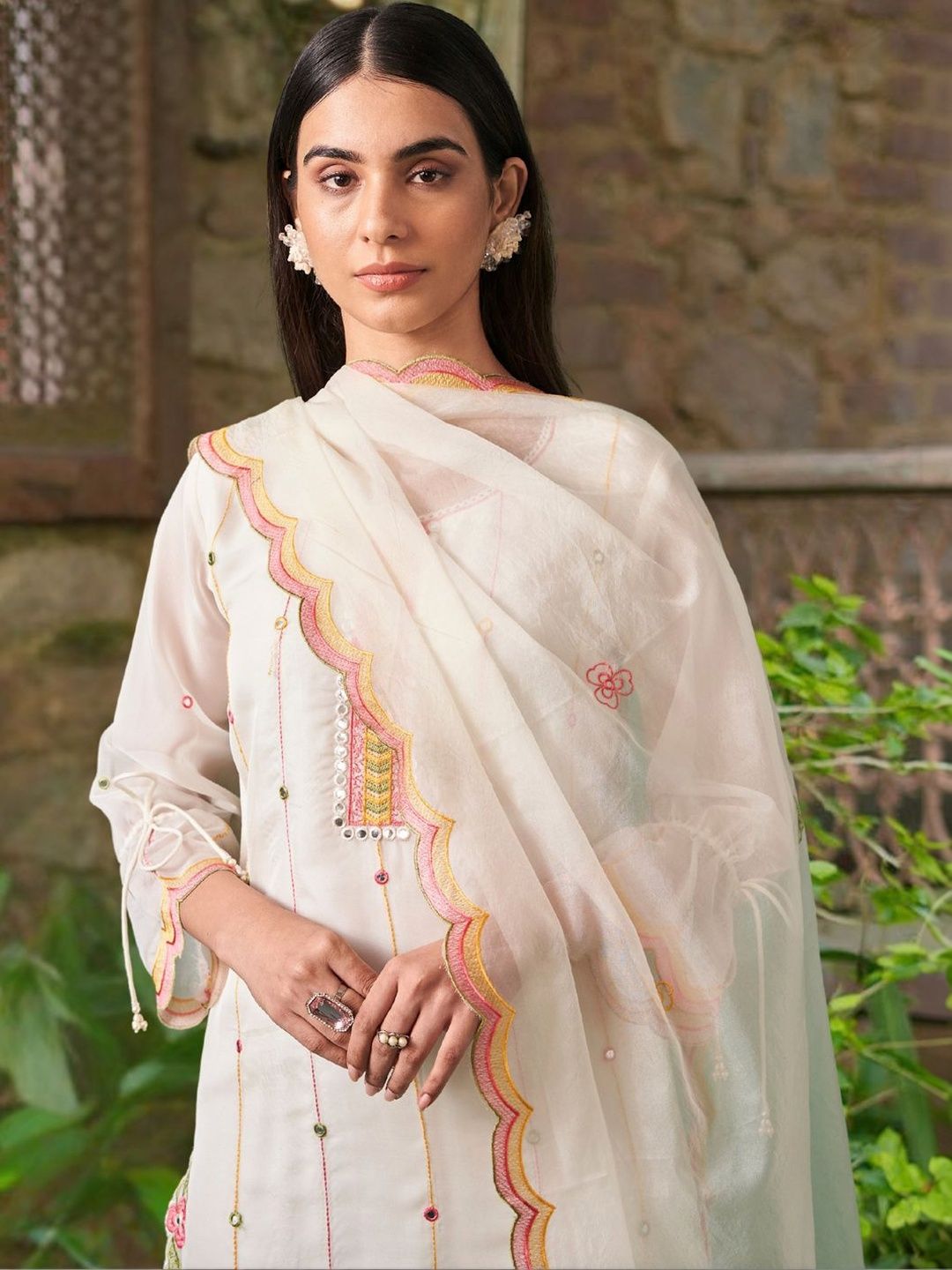 Women Floral Embroidered Regular Mirror Work Kurta with Trousers & With Dupatta