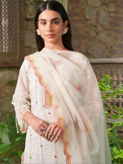 Women Floral Embroidered Regular Mirror Work Kurta with Trousers & With Dupatta